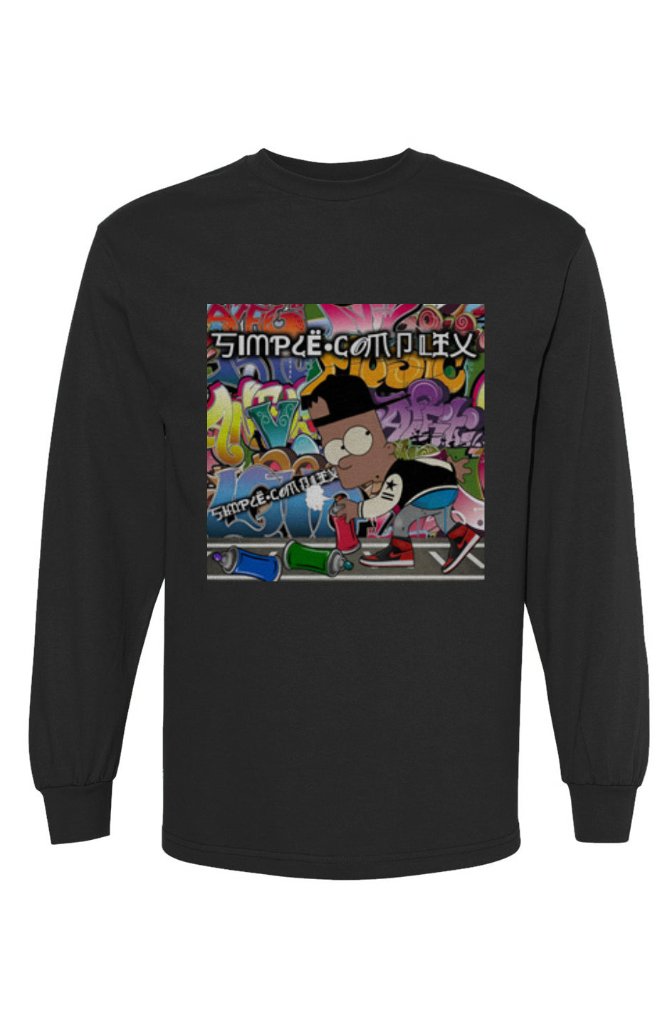 Black Bart Simpson Graffiti Long Sleeve Cotton T-shirt (Black/White)